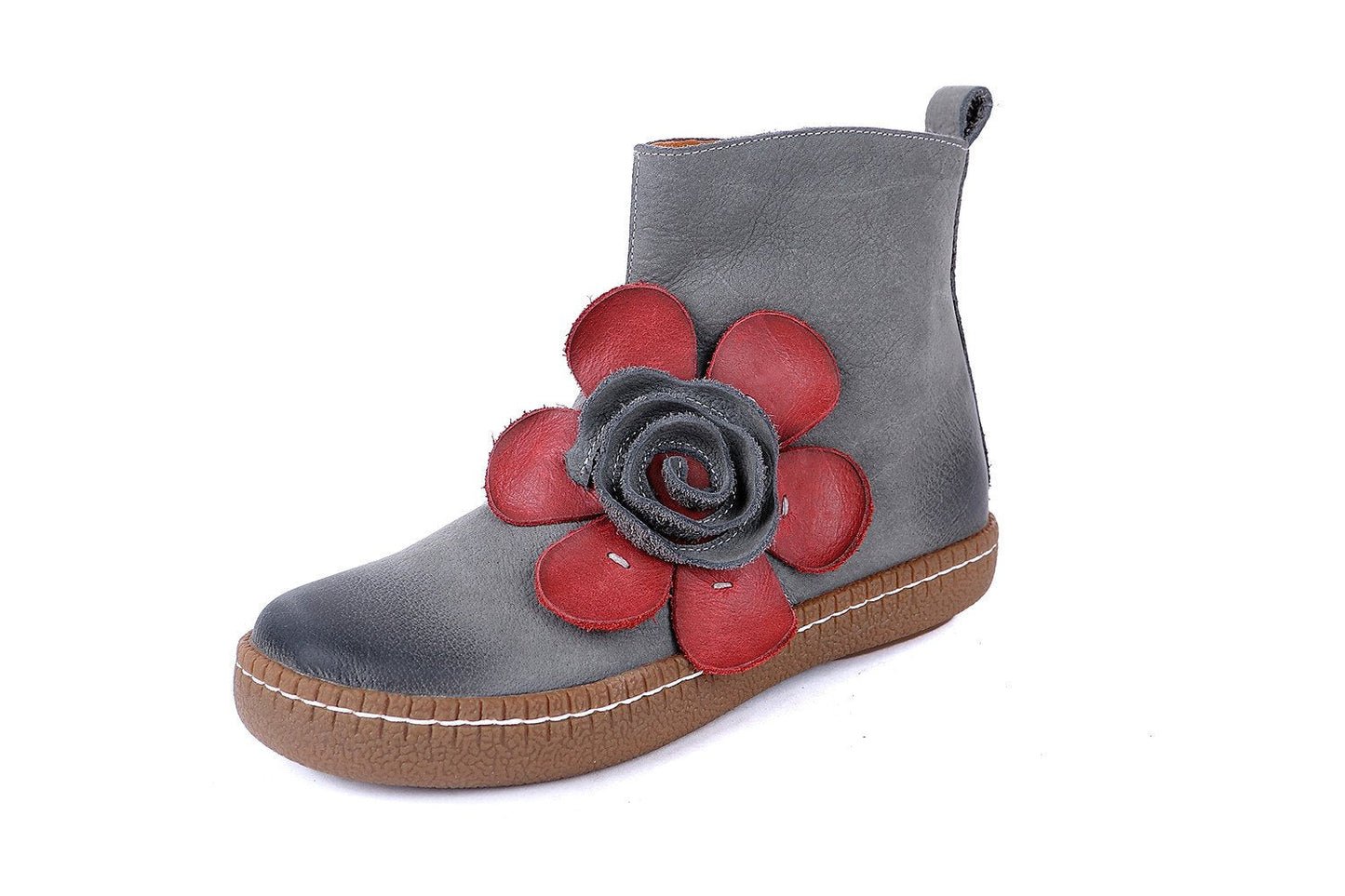 Women'S Genuine Leather Chelsea Boots With Handmade Flowers Gray/Camel