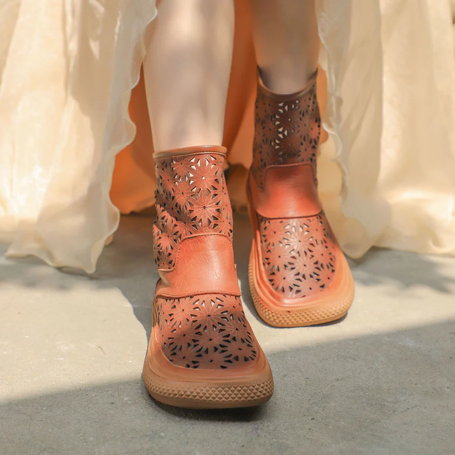 Handmade Genuine Leather Summer Boots Cut Out Breathable Zip Short Boots