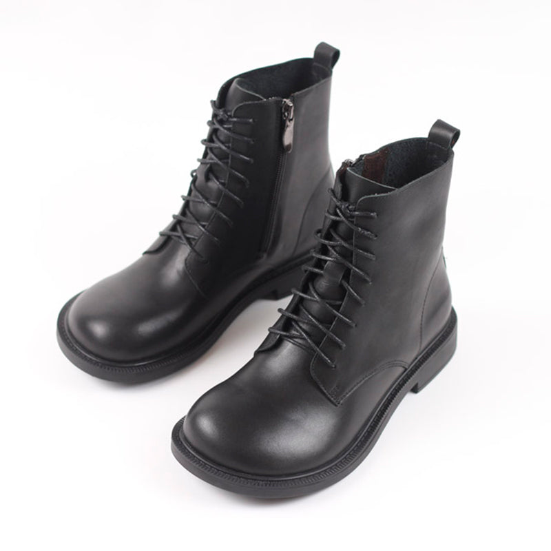 Women Leather Ankle Boots Soft Bottom Flat Round Toe Big-Head Retro Boots Coffee/Black