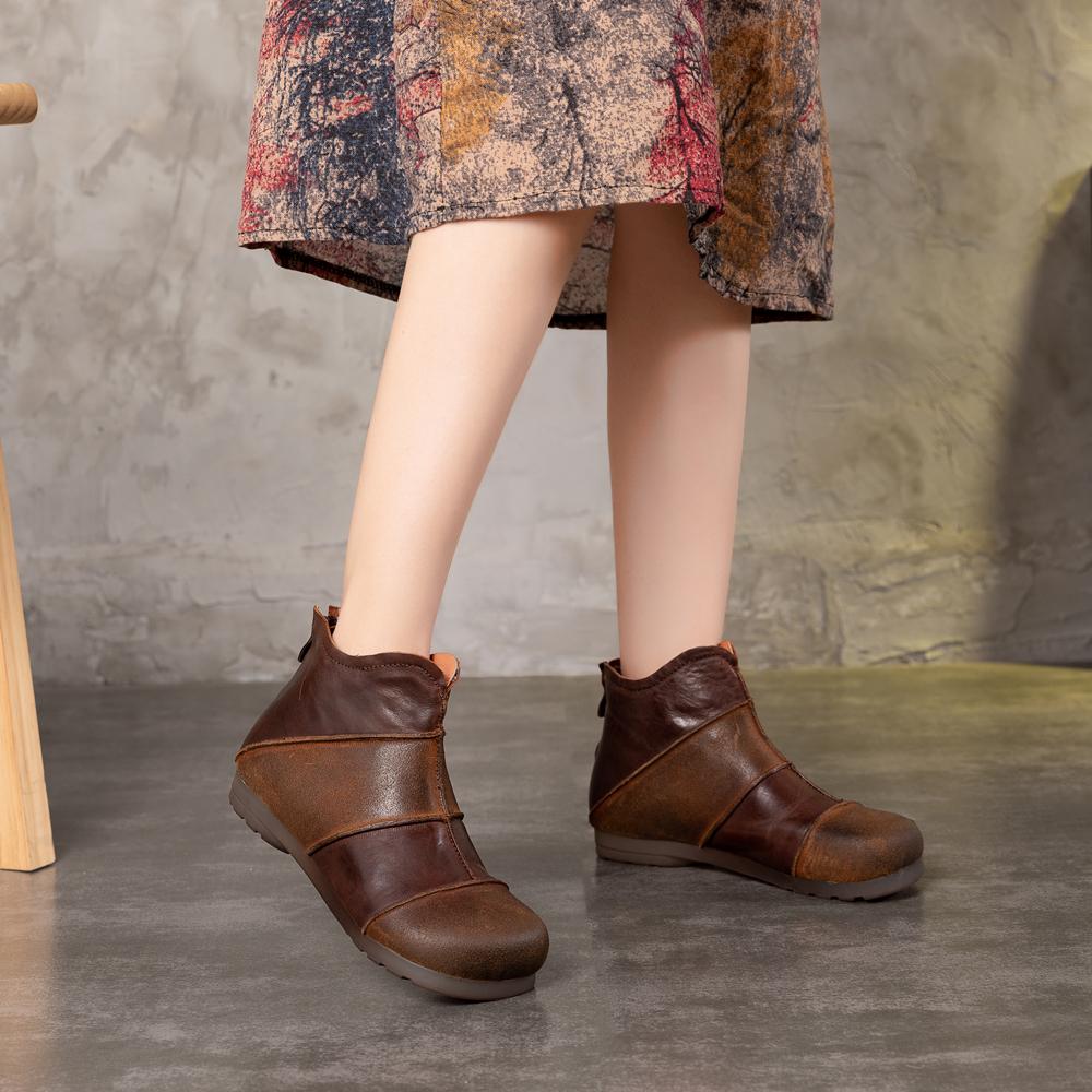 Retro Leather Ankle Boots With Zipper Splicing Craft Handmade Women Flat Shoes Black/Coffee