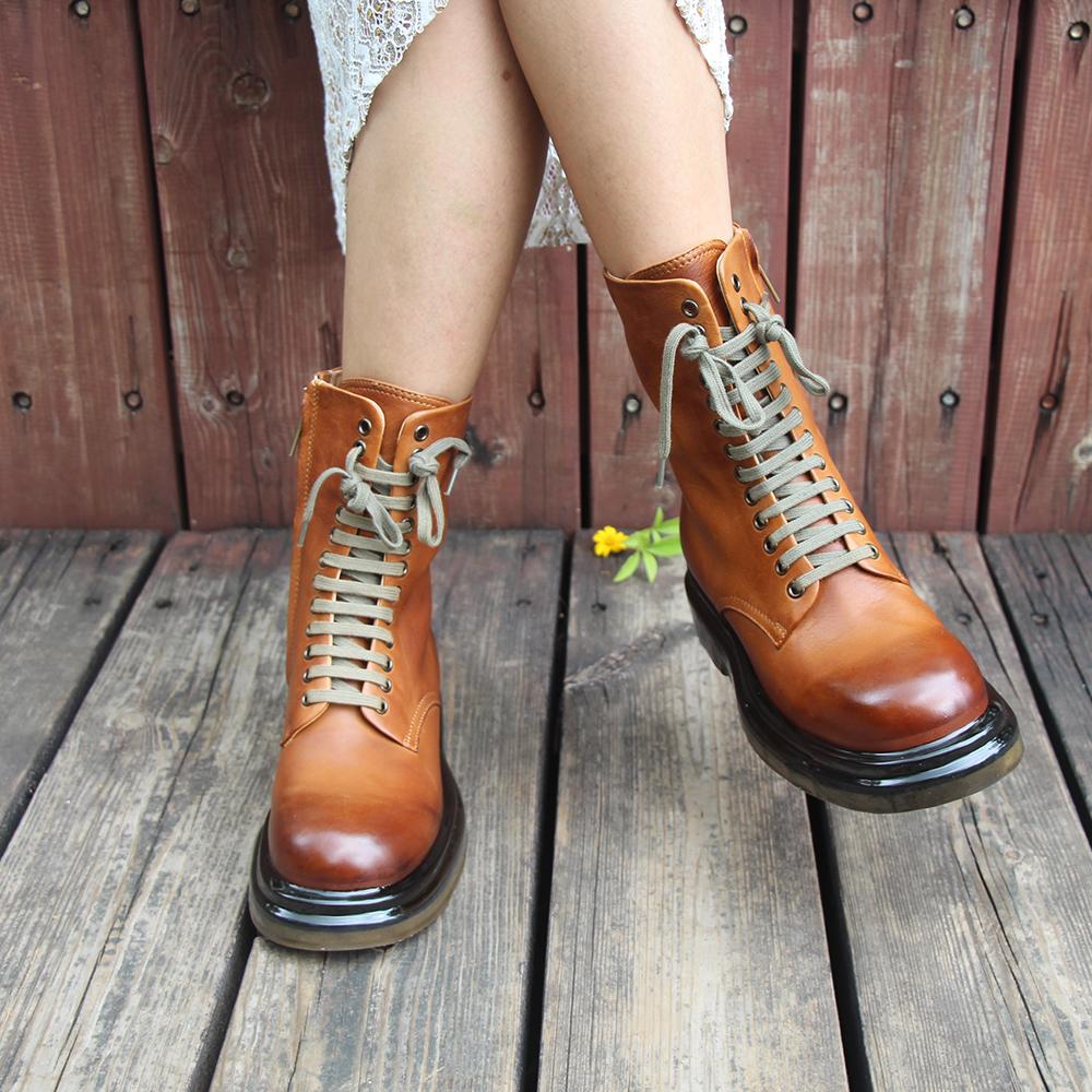 Retro Short Boots Handmade Genuine Leather Boots Women Biker Boots Lace-Up Combat Boots Chunky Ankle Boots 2020 Winter Boots Camel