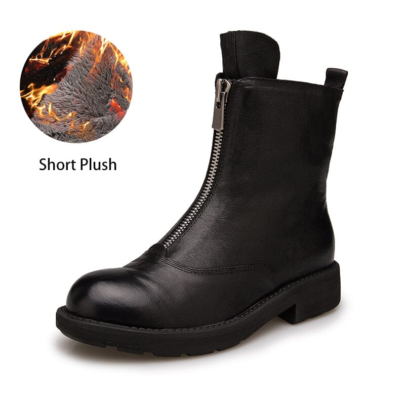 Leather Ankle Boots Comfortable Walking Round Boots Up Zip in Brown/Black