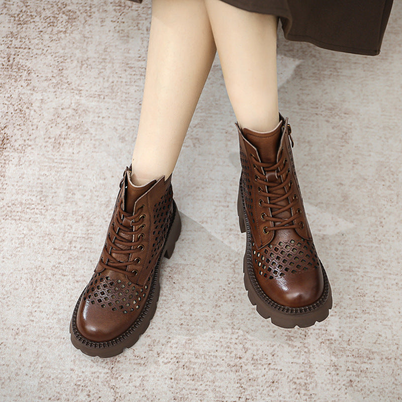 Women's Ankle Booties Round Toe Design Cut Out Boots Brown/Khaki