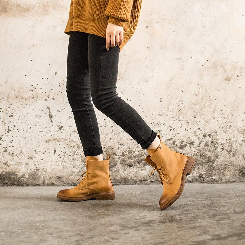 Handmade Women Matte leather Biker Boots Classic Combat Boots Black/Yellow