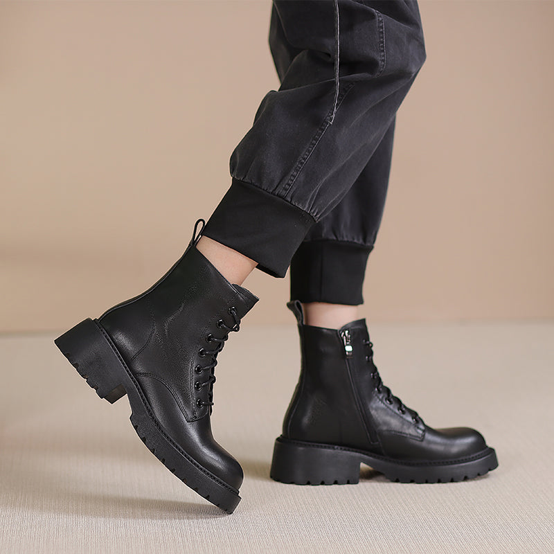 Winter Boots Handmade Genuine Leather Lace-Up Combat Boots Retro Chunky Platform Black