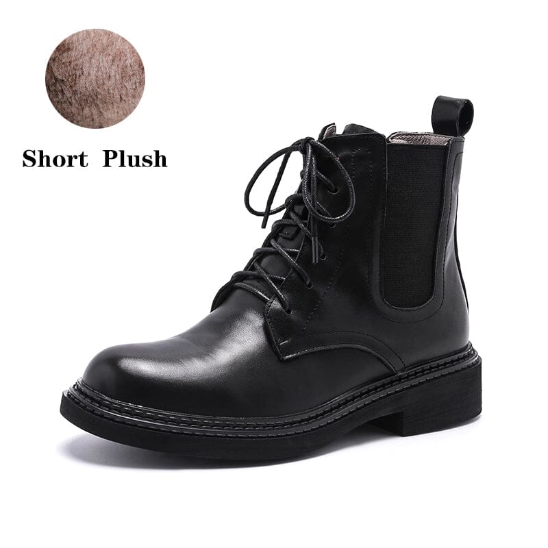 Handmade Boots Women Leather Lace-Up Oxfords Round Toe Chunky Ankle Booties