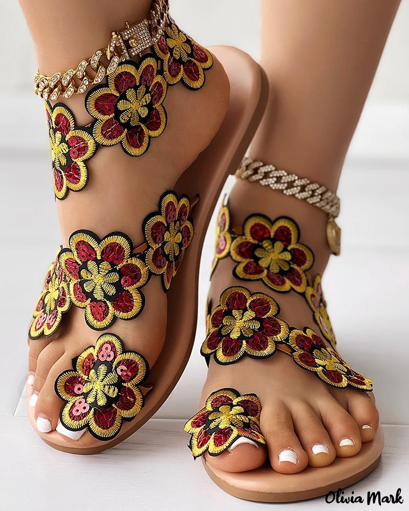 Floral Pattern Toe-Ring Flat Sandals