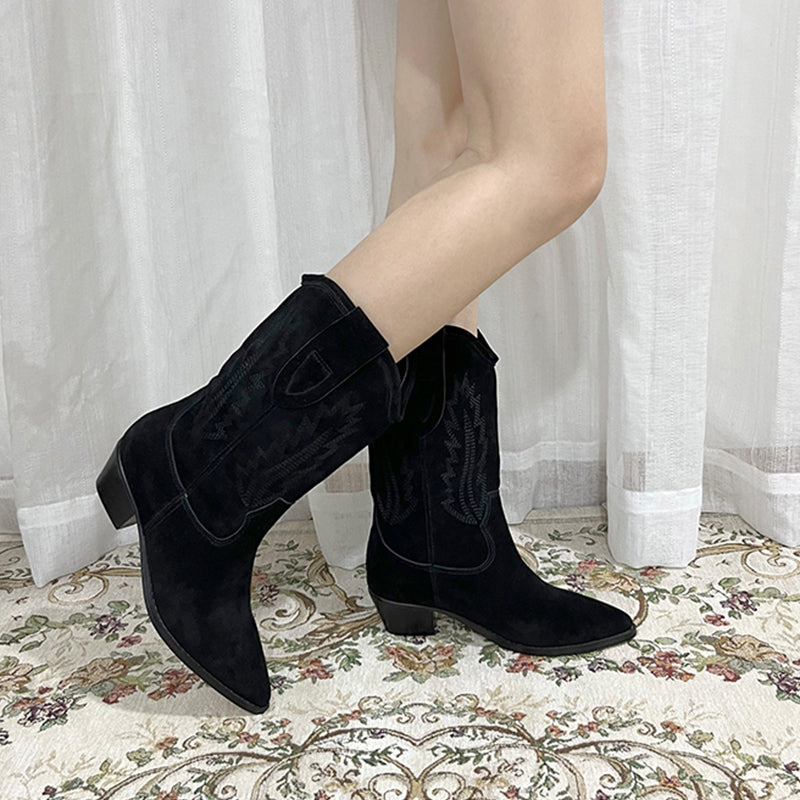 Womens Western Embroidered Short Boots Block Heel - Suede Black/Black Cowgirl Boots All Genuine Leather