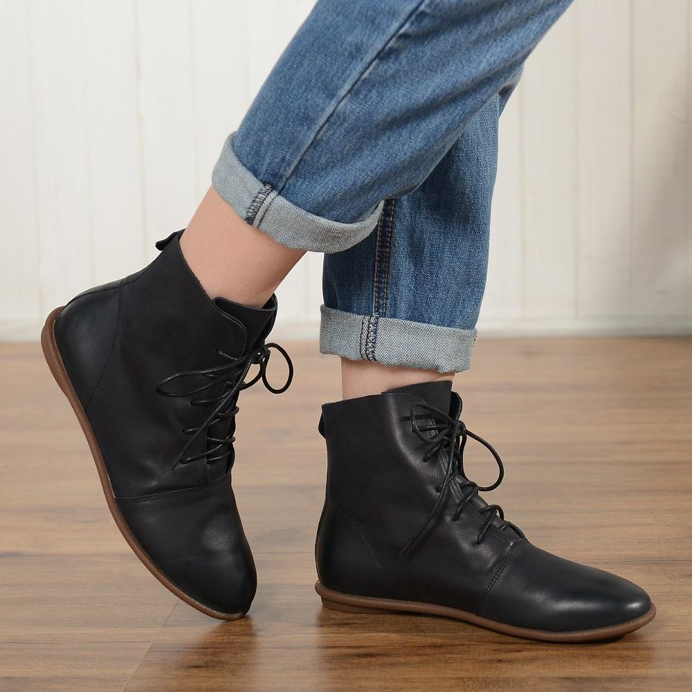 Oxfords For Women Lace Up Flat Sole Ankle Boots Handmade Waxing Leather Boots Black/Brown