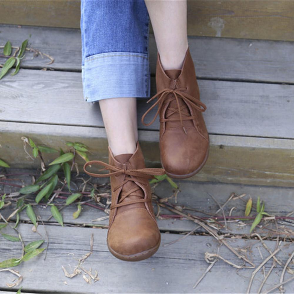 Leather Women Ankle Booties Lace-Up Casual Shoes Flats