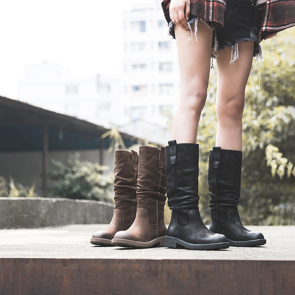 Nubuck Leather Mid Calf Boots Fold Design Riding Boots Short Plush Lined Or Leather For Choice Coffee/Black