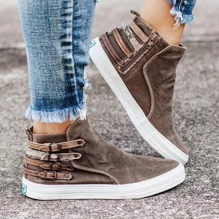 Women Zipper Buckle Flat Heel Sneakers Boots