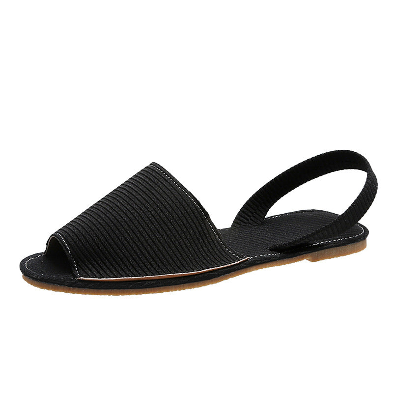 Peep Toe Flat Canvas Flat Sandals Shoes Slip On Shallow Female