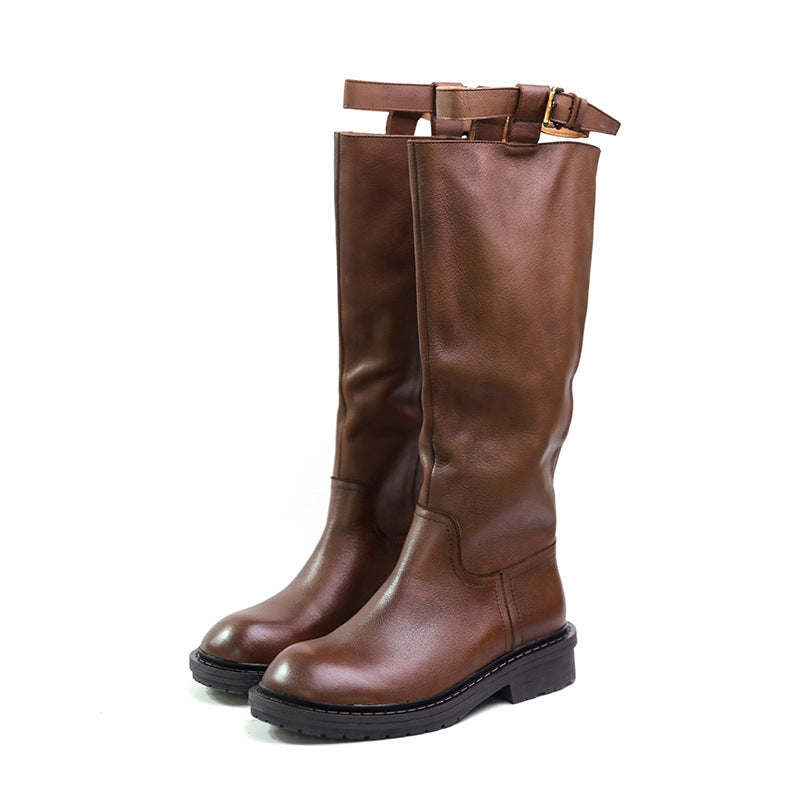 Riding Boots for Women In Black/Brown Leather Round Toe- Embellished Leather Boots