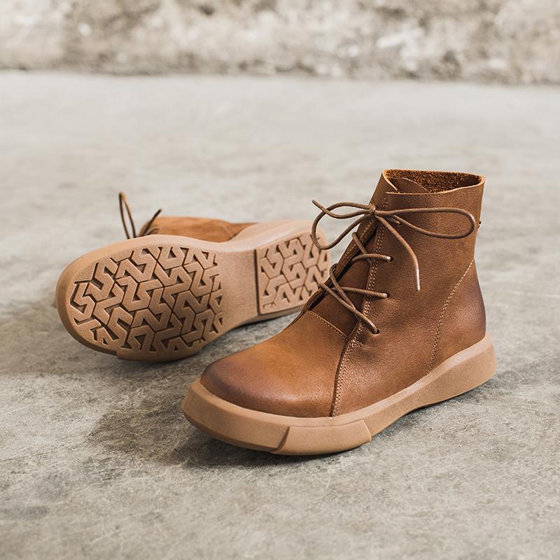 Lace Up Boots for Women Handmade Leather Flat Ankle Boots Brown/Coffee/Black