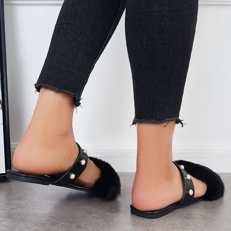 Summer Faux Fur Slippers Slide Sandals Square Toe Flats Shoes