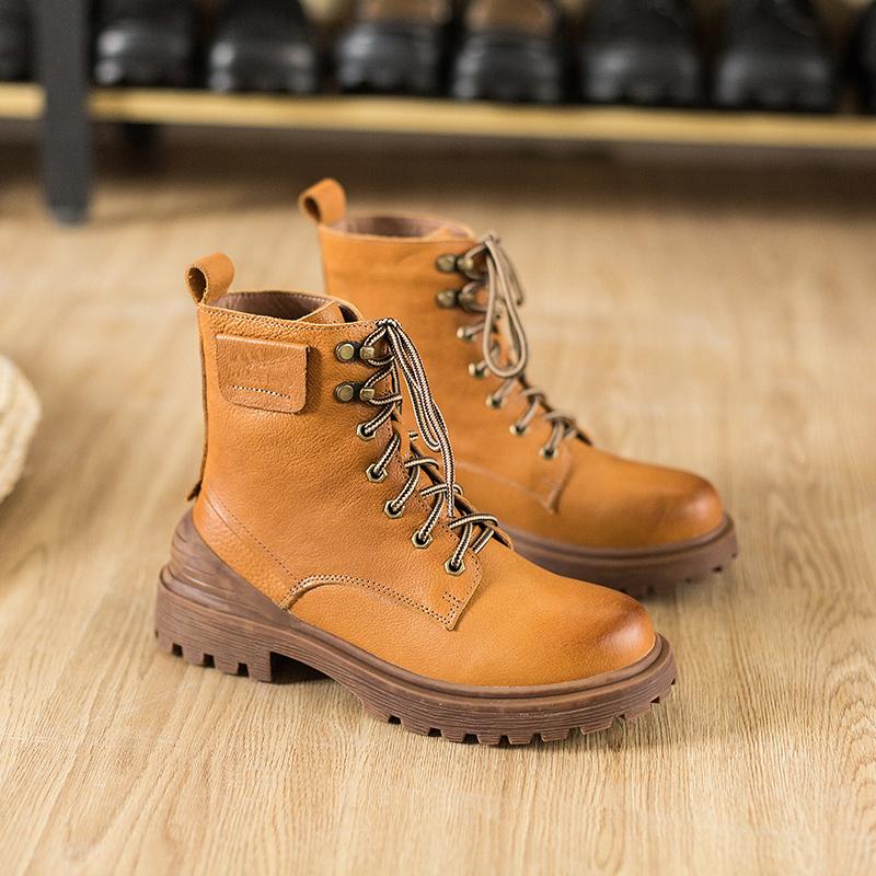 Retro Leather Boots Designer Retro Chunky Riding Boots Short Plush Handmade Yellow/Black