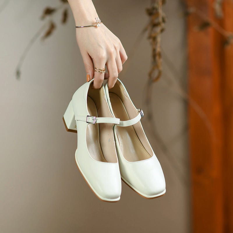 Vivalda Square Toe Block Heels Mary Jane Shoes
