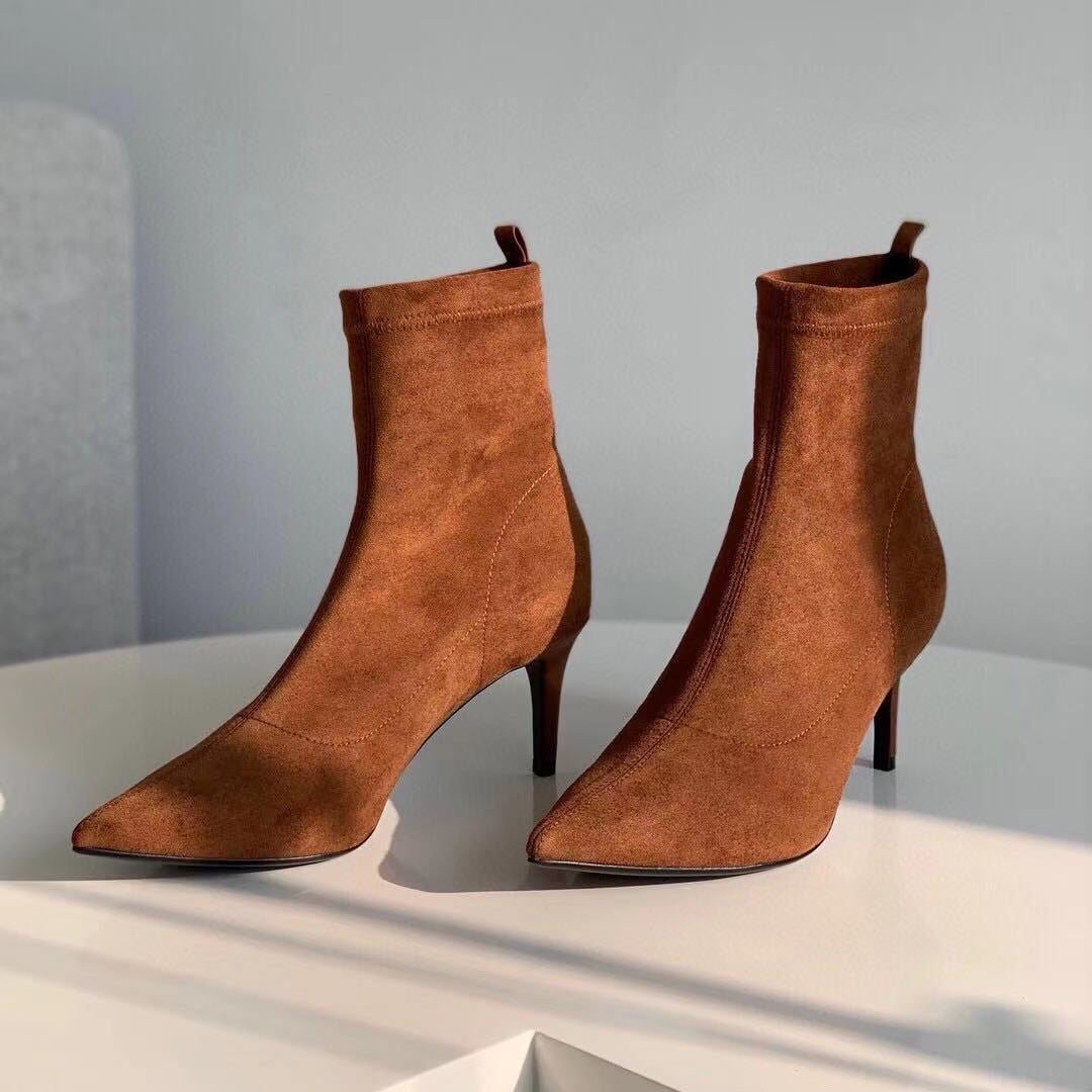 Classic Point Toe Sock Boots High Heel Stretch Boots Elastic Suede Handmade Black/Brown