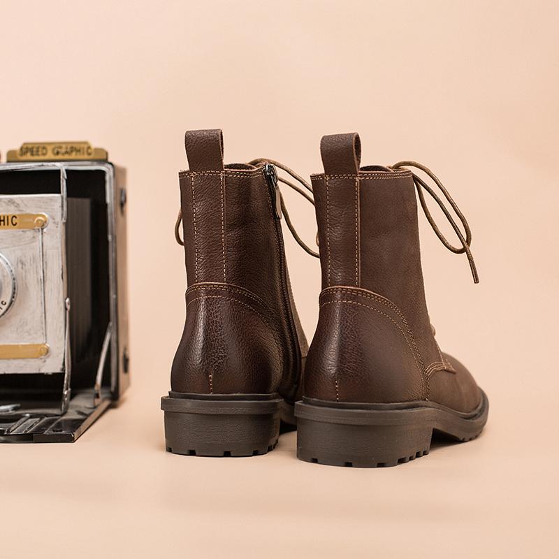 Retro Leather Combat Boots Designer Retro Chunky Riding Boots Side Zip Handmade Dark Yellow/Coffee/Black