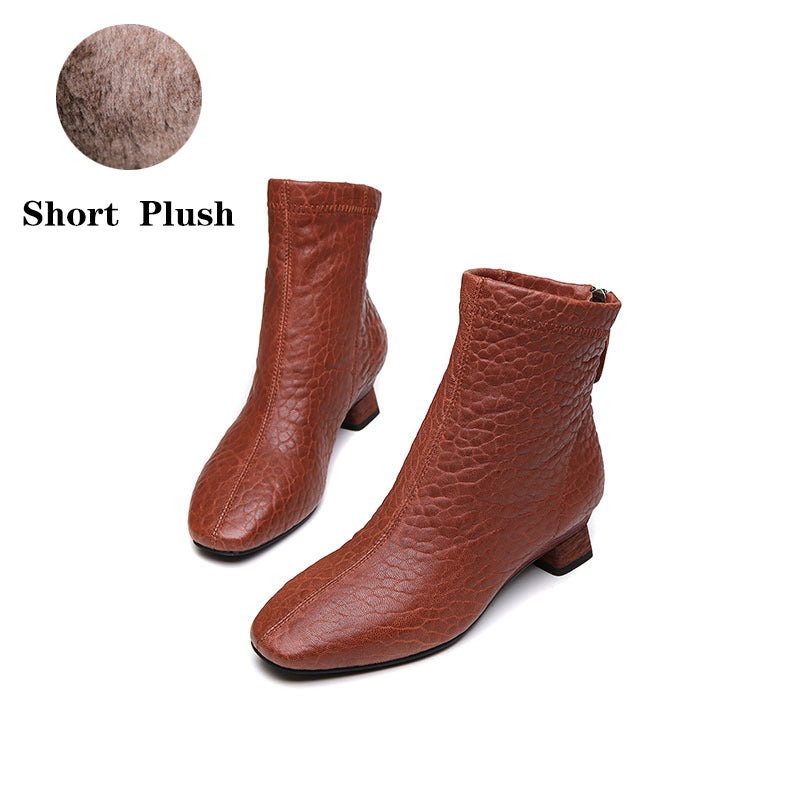Handmade Leather Chelsea Boots For Women Soft Ankle Boots Retro Square Toe Black/Brown/Off White