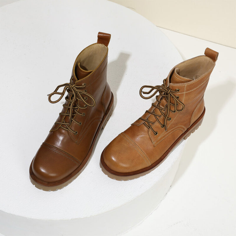 Women's Handmade High Lace-up Boot All Genuine Leather in Light Tan/Dark Brown