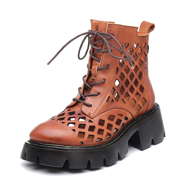 Handmade Genuine Leather Hollow Out Boots Women Summer Boots Side Zipper Chunky Heels Black/Brown