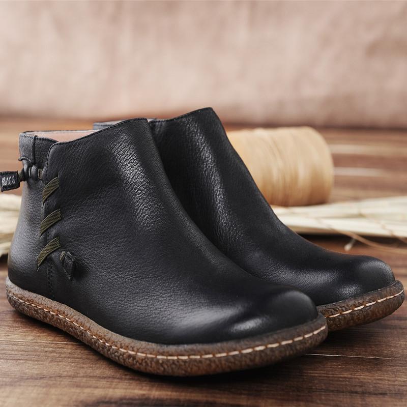 Women'S Handmade Leather Ankle Boots Short Brown/Black Boots Side Zipper