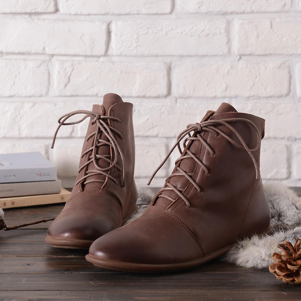 Oxfords For Women Lace Up Flat Sole Ankle Boots Handmade Waxing Leather Boots Black/Brown