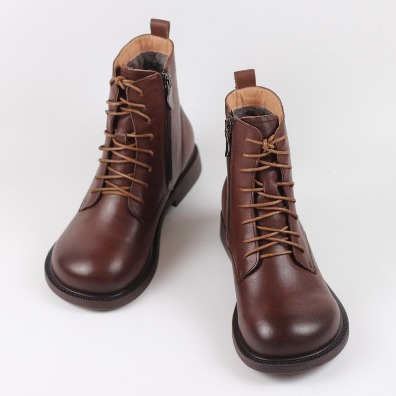 Women Leather Ankle Boots Soft Bottom Flat Round Toe Big-Head Retro Boots Coffee/Black