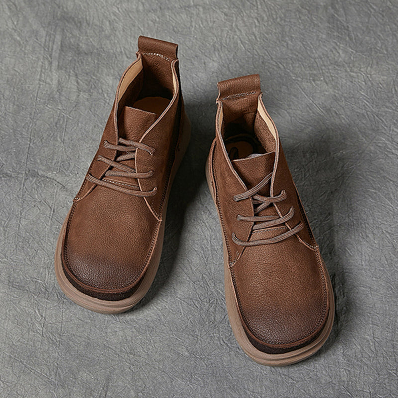 Handmade Leather Lace Up Ankle Boots For Women Soft Short Boots For Fall And Winter Coffee/Khaki