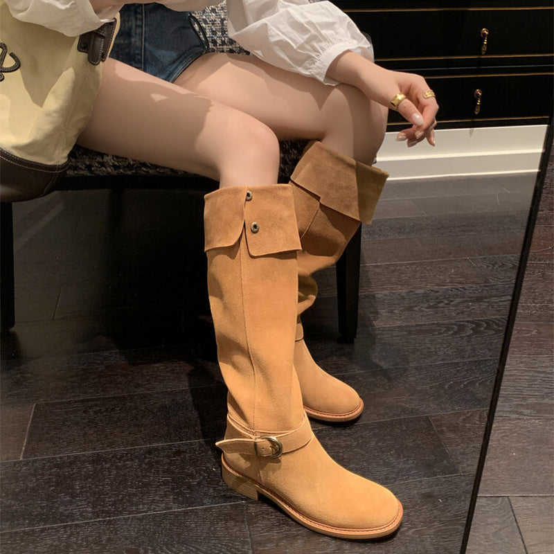 Womens Suede Leather Knee High Boots 75mm Block Heel In Black/Apricot