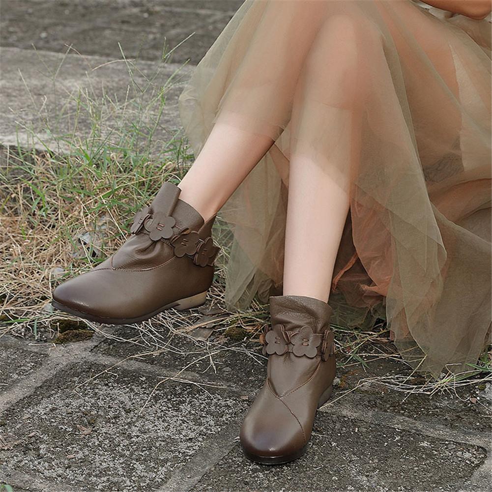 Leather Work Combat Boots Handmade Women Boots With Flowers Chelsea Boots Oil-Wax