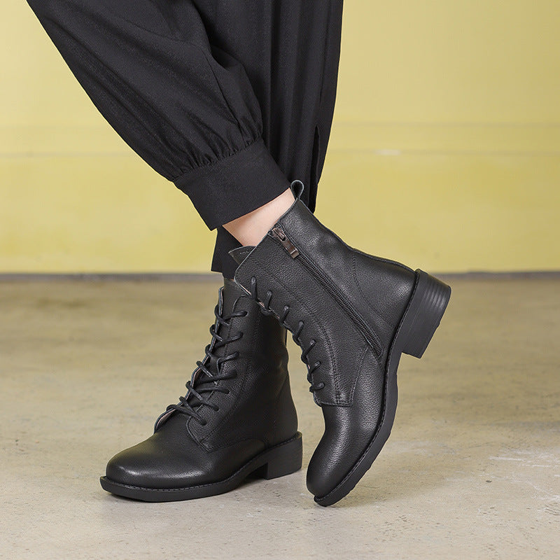 Winter Boots Handmade Genuine Leather Lace-Up Combat Boots Retro Boots Chunky Ankle Boots Black/Coffee