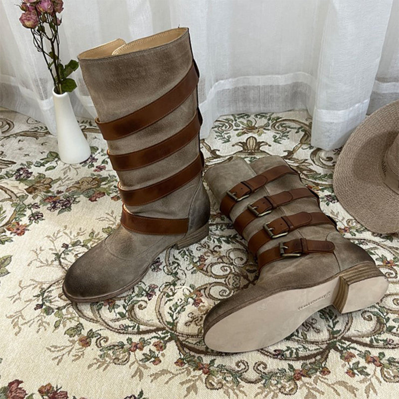 Riding Boots For Women Handmade Leather Mid Calf Boots Chunky Buckle Boots in Brown/Black