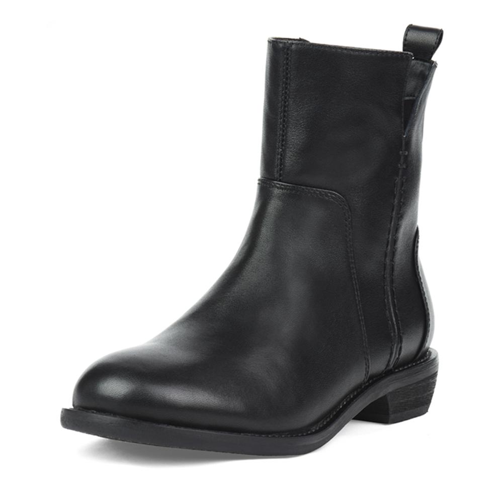 Handmade Genuine Leather Booties Round Toe Side Zip Low Heels Chic Mid-Calf Boots Black Short Plush Lining