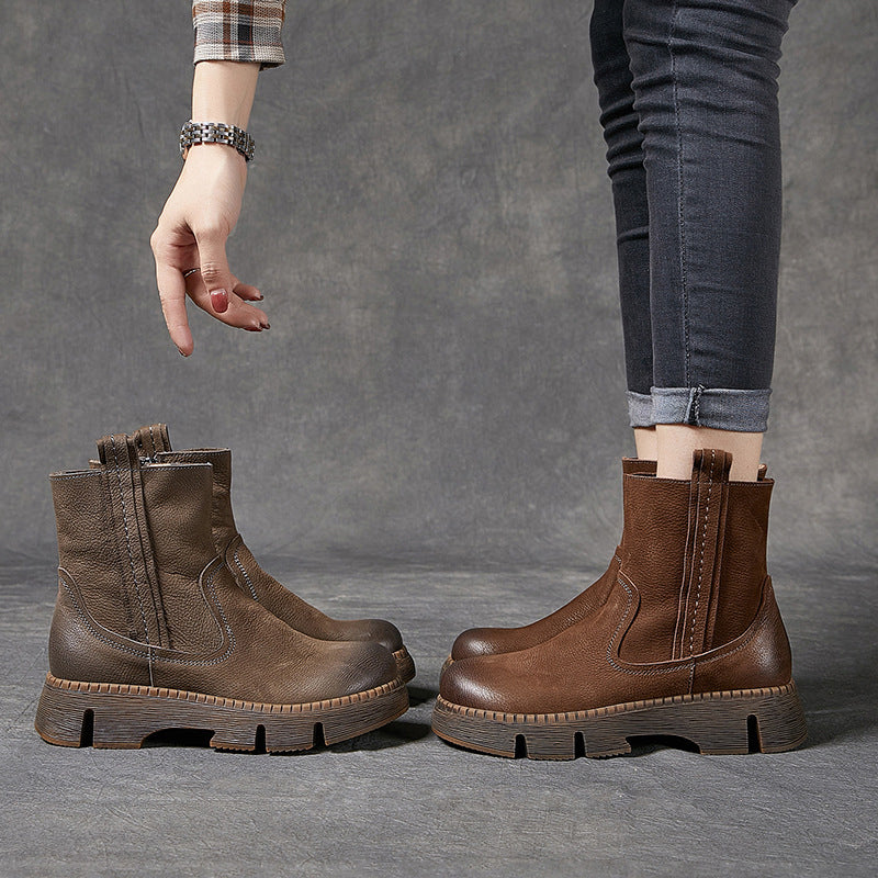 Women's Handmade Chunky Ankle Booties Side Zip in Coffee/Grey