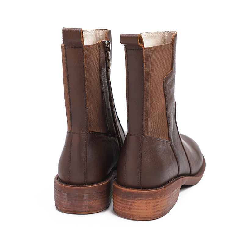 Retro Cowhide Boots Women Comfy Zip Walking Coffee
