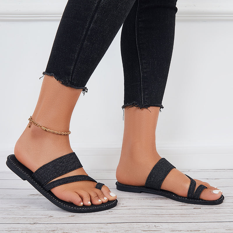 Summer Slippers Toe Ring Wide Flat Sandals Denim Slide Sandals