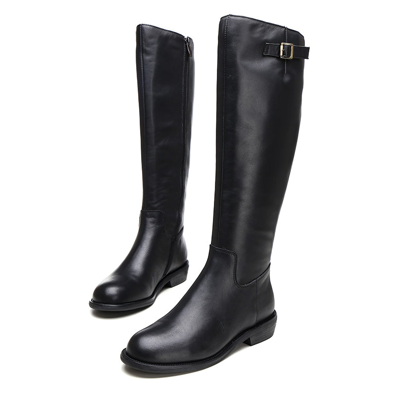 Handmade Soft Leather Knee High Boots Side Zip Riding Boots Short Plush Lining in Black/Brown