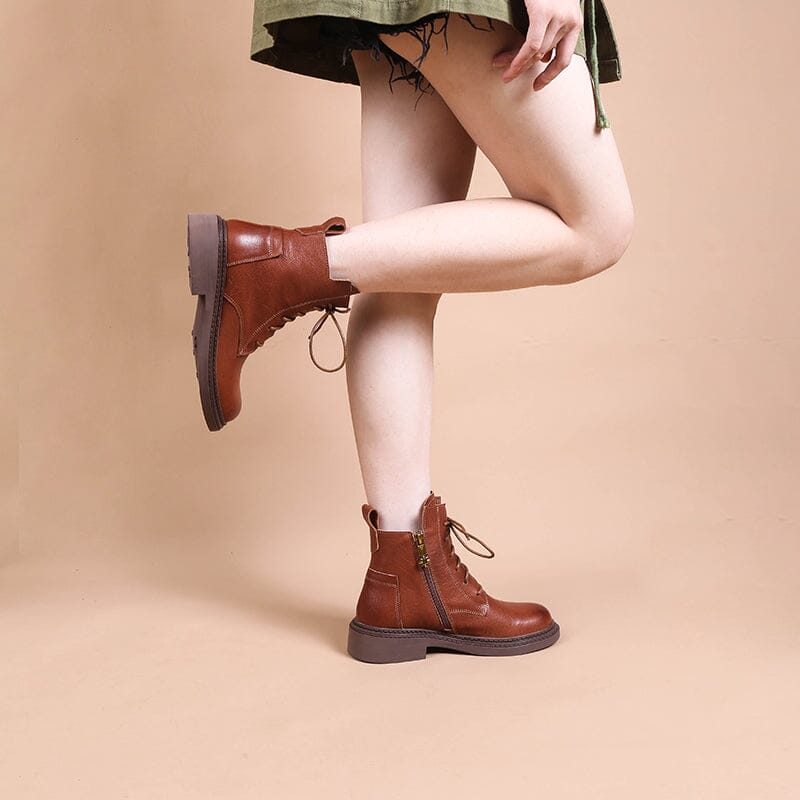 Leather Boots Brush-Off Combat Boots Lace Up Ankle Boots in Black/Coffee/Brown