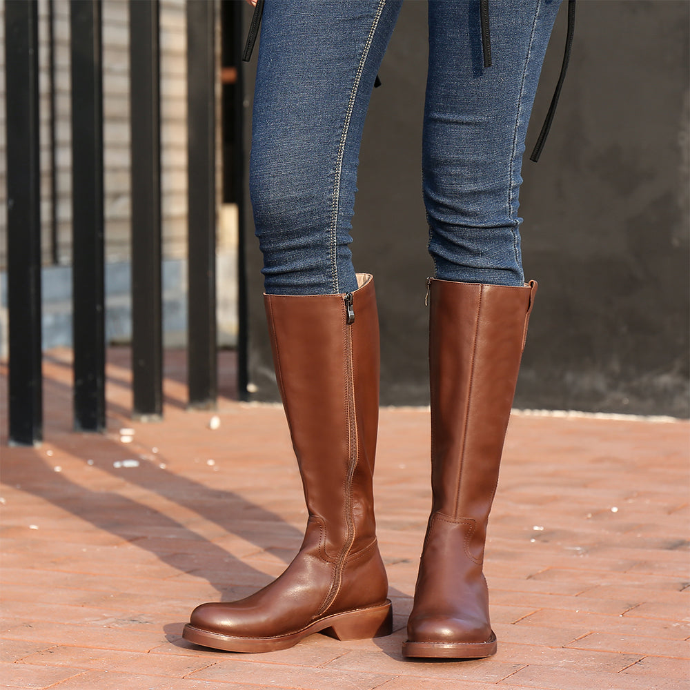 Handmade Soft Leather Knee High Boots Side Zip Riding Boots Short Plush Lining in Black/Brown