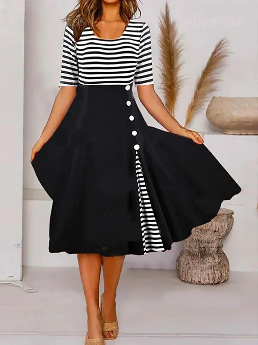 Striped Half Sleeve Casual Dress