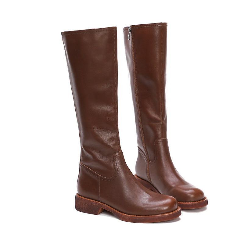 Handmade Soft Leather Knee High Boots Side Zip Riding Boots Black/Coffee