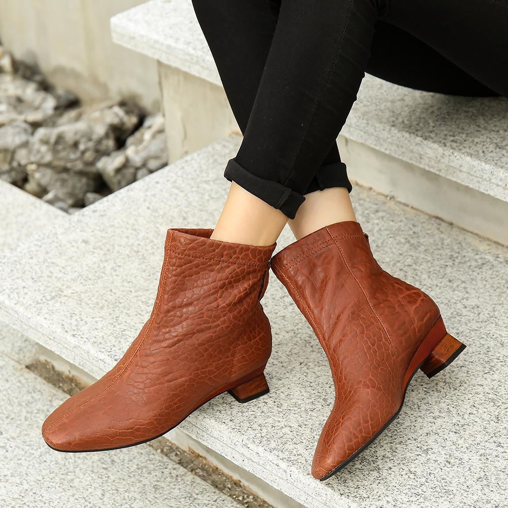 Handmade Leather Chelsea Boots For Women Soft Ankle Boots Retro Square Toe Black/Brown/Off White
