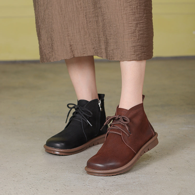 Handmade Soft Leather Ankle Boots Retro Round Toe Short Boots Women Mori Girl Boots