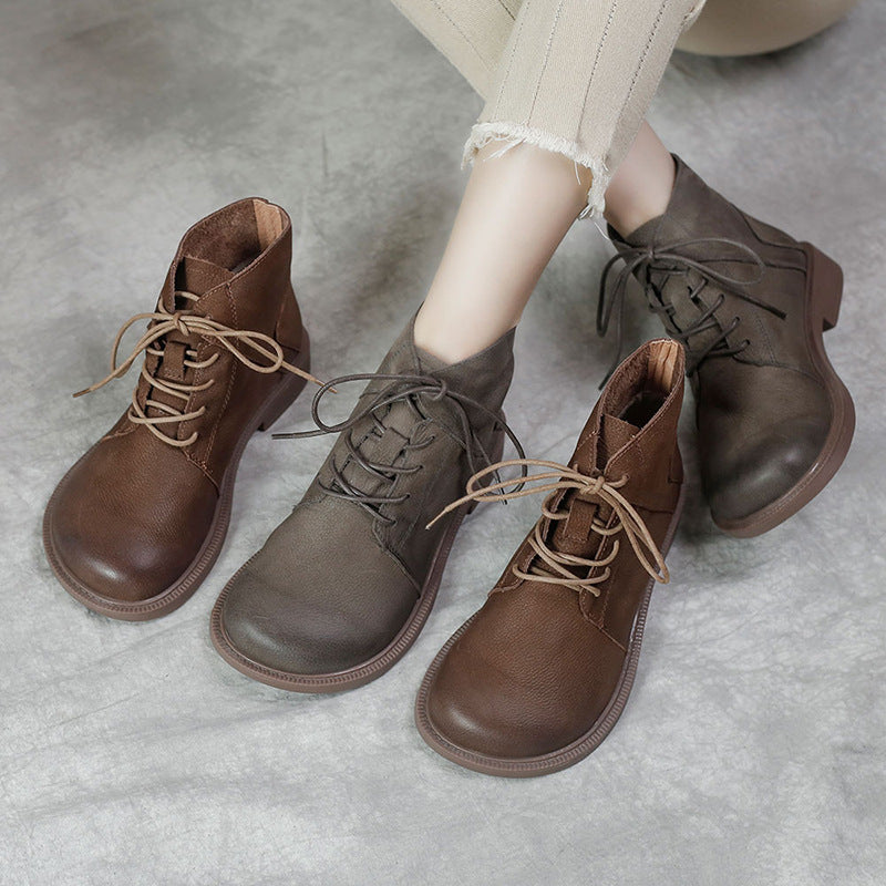 Wide Toes Handmade Genuine Leather Boots Lace-Up Combat Boots Retro Chunky Ankle Boots