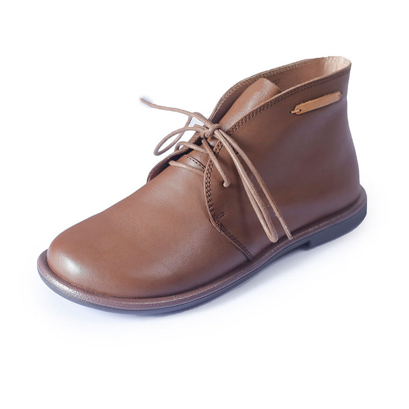 Women's Leather Booties Round Toe Lace-Up Flat Ankle Boots Handmade in Camel/Black