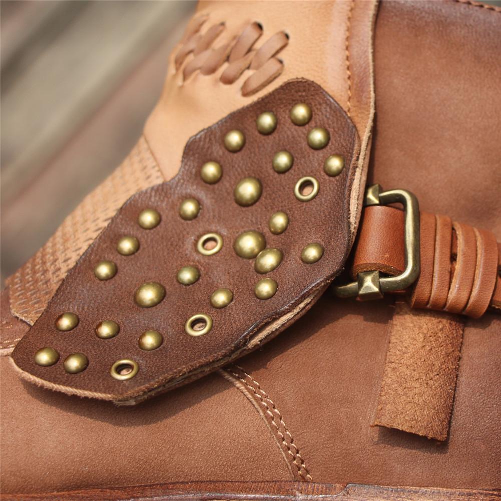 Women'S Handmade Sheepskin Ankle Boots Comfortable Walking Round Toe Retro Rivet Boots With Buckles Brown