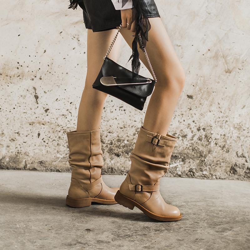 Waxing Leather Mid Calf Boots Fold Design Riding Boots Short Plush Lined Or Leather For Choice Apricot/Brown/Black